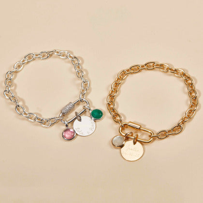 Bracelet Personnalisé Breloque Strass à Médaillon & Pierre de Naissance.