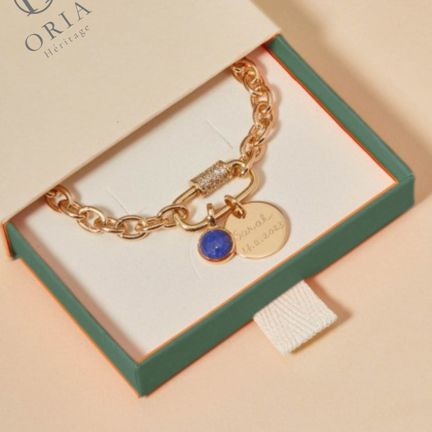 Bracelet Personnalisé Breloque Strass à Médaillon & Pierre de Naissance.