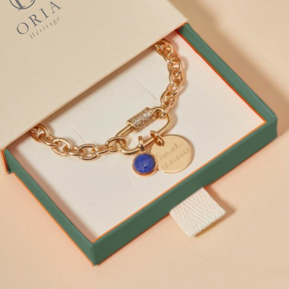 Bracelet Personnalisé Breloque Strass à Médaillon & Pierre de Naissance.