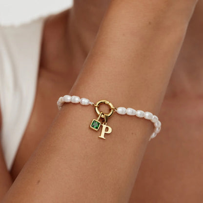 Initial Bracelet with Mother-of-Pearl Birthstone